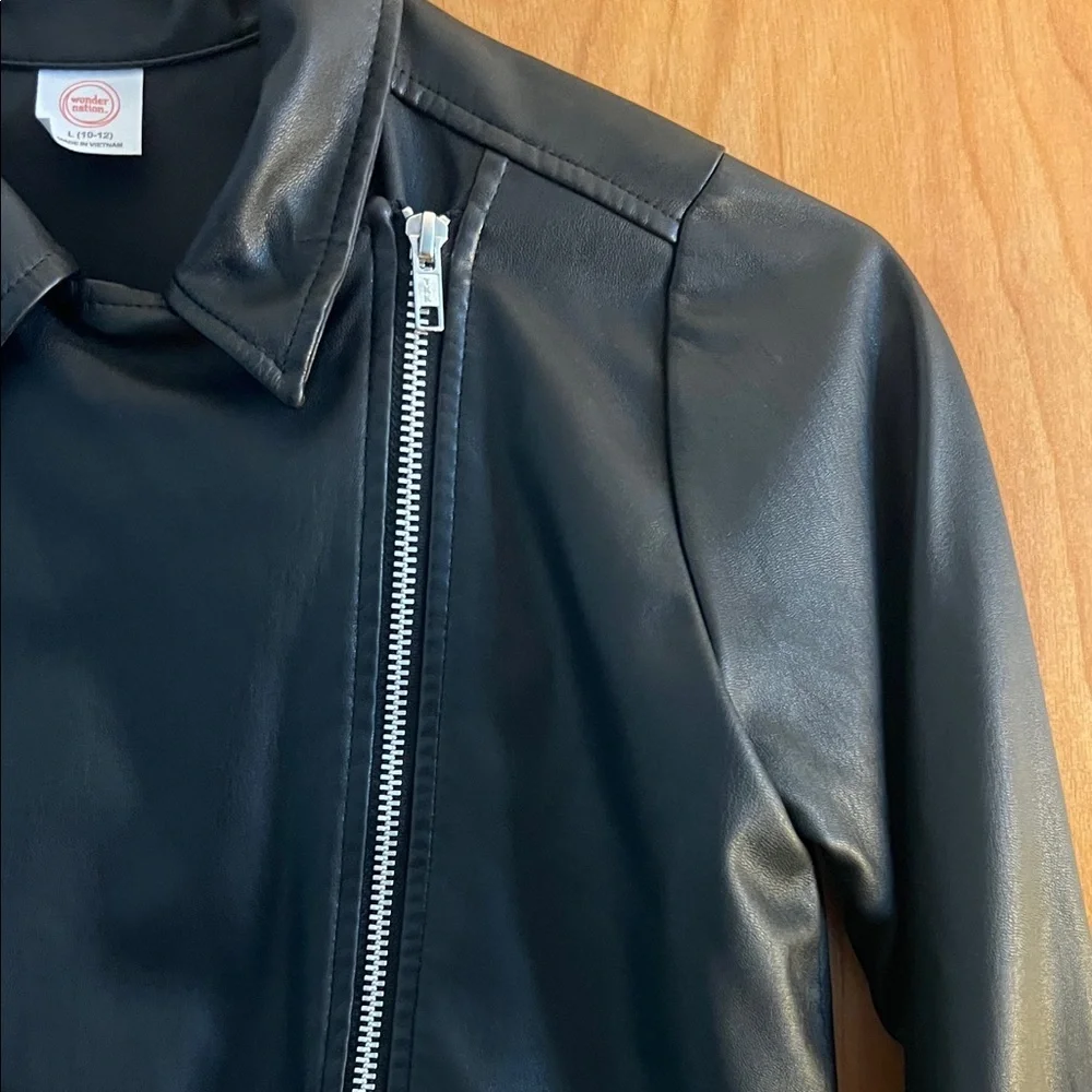 Wonder Nation Black Leather Jacket with Silver Zipper